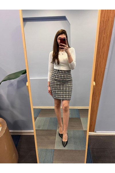 OUZ Fashion Kadın Astarlı Kışlık Yüksek Bel Diz Üstü Kalem Etek