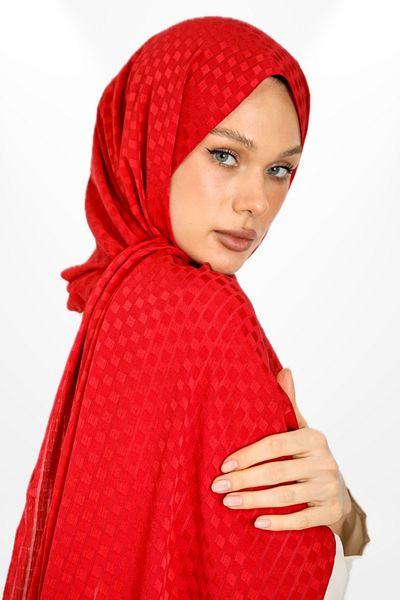 hijabchi Red Imported Jacquard Crepe Evening Dress - Square Detail Special Occasion Shawl - New Collections