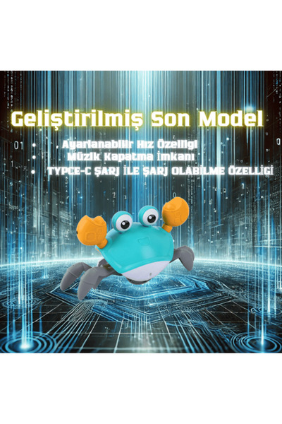 Boratila Toys Emeklemeye Yardımcı 3 Hız Kademeli Kapatıp Açılabilen Müzikli Sensörlü Şarjlı Yengeç Oyuncak (MAVİ)