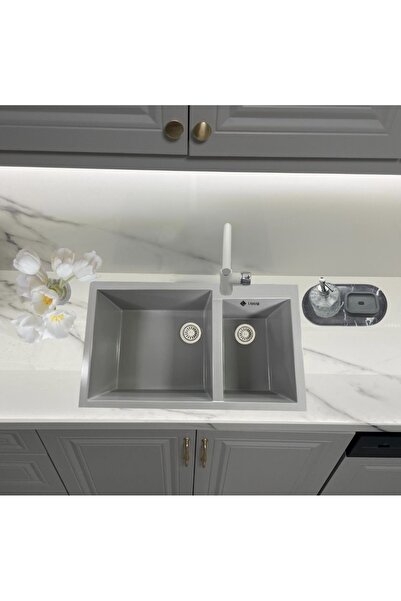 LAMAR Kuvars Gri İkili Tezgah Altı Mutfak Eviyesi