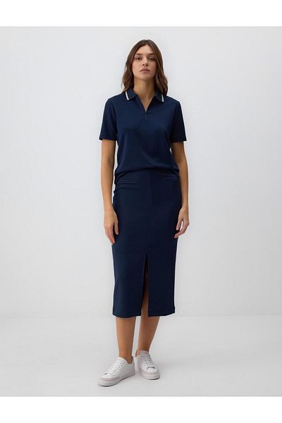Jimmy Key Navy Blue High Waist Straight Cut Knitted Midi Skirt