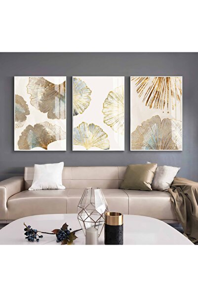 Harika bir ev Hari̇kabi̇rev | Gold-Cream Soft Leaf Combination | Framed Glass...