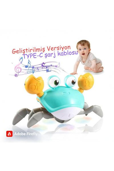 Boratila Toys Emeklemeye Yardımcı 3 Hız Kademeli Kapatıp Açılabilen Müzikli Sensörlü Şarjlı Yengeç Oyuncak (MAVİ)