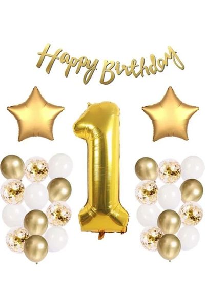 BALON DİYARI Gold Concept 1 Year Old Birthday Celebration Set with Balloon Headband Gift