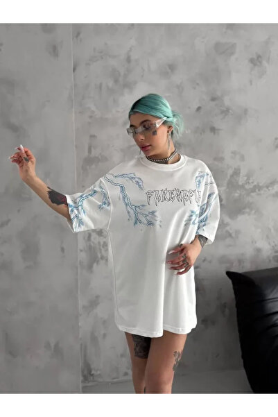 JANES Tricou alb unisex cu imprimeu oversize cu guler rotund