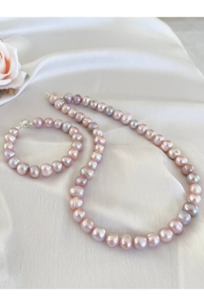 Zokak Gerçek 925 Ayar Gümüş Sertifikalı İncili Kolye ve Bileklik Set - Doğal Pembe İnci Takı