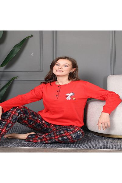 Reyhanlar بدلة بيجامة نسائية من القطن الممشط Interlock Snoopy مطبوعة من الأسفل