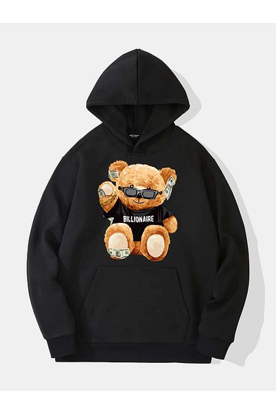 SOFTWAY Unisex Oversize Billionaire Printed Fleece Hooded Sweatshirt - Black