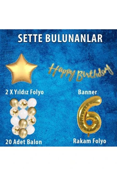 BALON DİYARI Gold Concept 6Th Birthday Celebration Set with Balloon Headband Gift