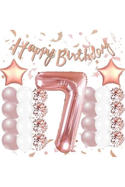 BALON DİYARI Rose Gold 7Th Birthday Celebration Set; White Gold Confetti Balloon, Number Star Foil and Banner