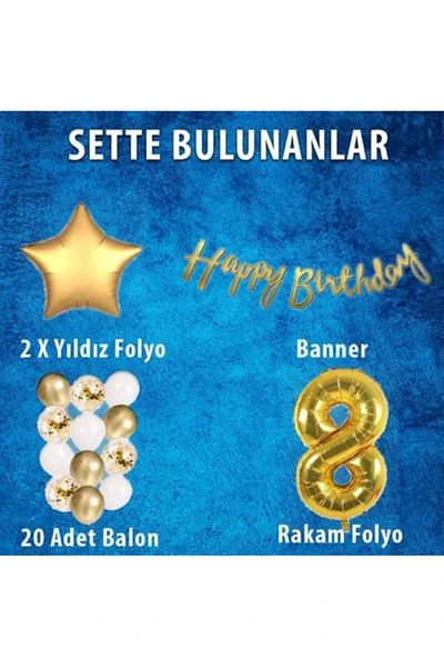 BALON DİYARI Gold Concept All Age Birthday Celebration Set + Balloon Headband Gift