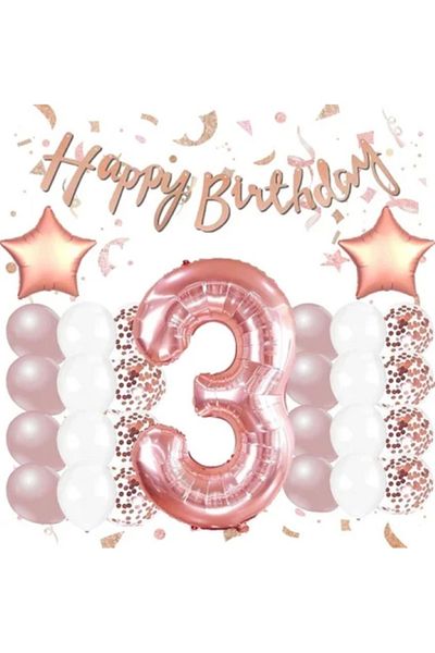 BALON DİYARI Rose Gold 3Rd Birthday Celebration Set; White Gold Confetti Balloon, Number Star Foil and Banner