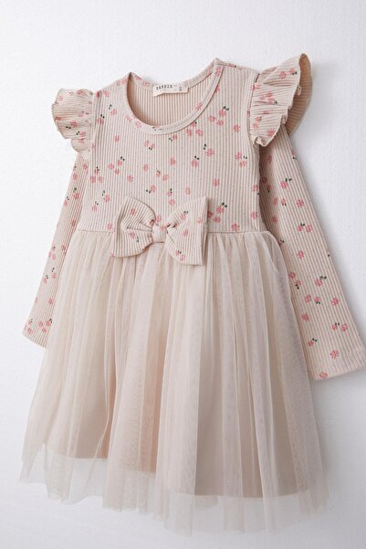 Breeze Kız Çocuk Uzun Kollu Elbise Çiçekli Fiyonklu Tüllü 1.5-5 Yaş, Bej