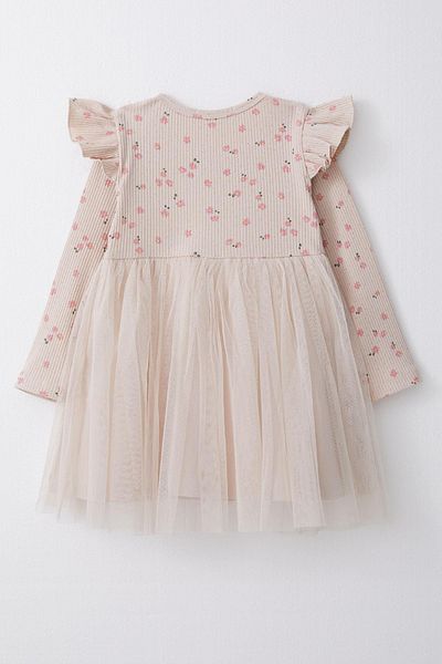 Breeze Beige Colored Girl's Long Sleeve Floral Patterned Tulle Dress 1.5-5 Years