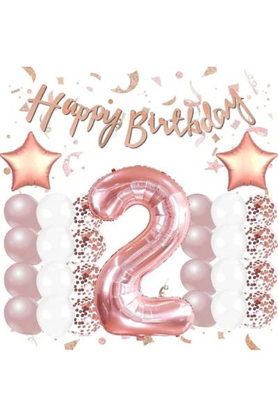 BALON DİYARI Rose Gold 2Nd Birthday Celebration Set; White Gold Confetti Balloon, Number Star Foil and Banner