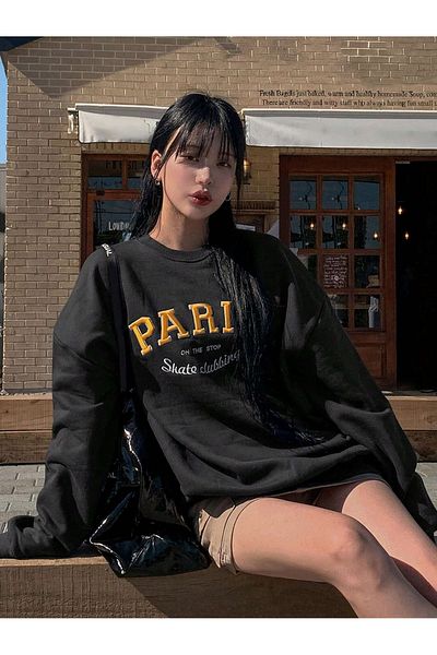 PALPİTO Hanorac oversize cu decolteu rotund cu imprimeu Paris Skate Club pentru femei