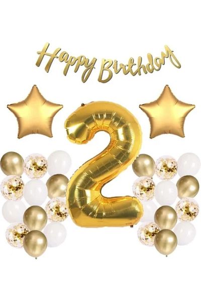 BALON DİYARI Gold Concept All Age Birthday Celebration Set + Balloon Headband Gift