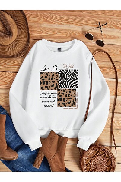PALPİTO Women's Love Is Wild Printed Crew Neck Oversized Sweatshirt