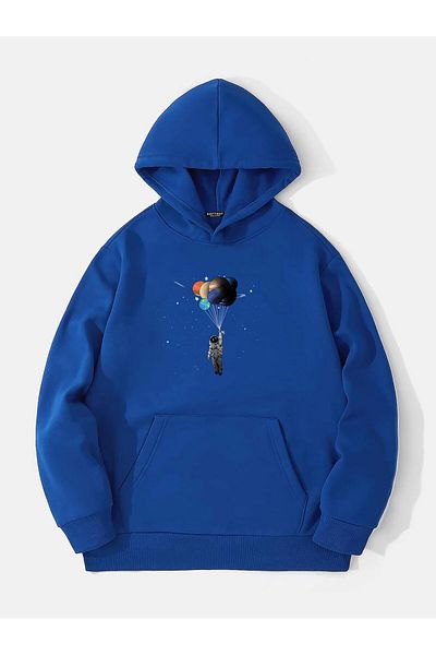 SOFTWAY Unisex Oversized Μπαλονάτο Astronaut Printed Fleece Hoodie - Σαξ Μπλε