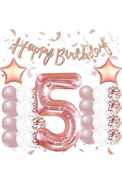 BALON DİYARI Rose Gold 5Th Birthday Celebration Set; White Gold Confetti Balloon, Number Star Foil and Banner
