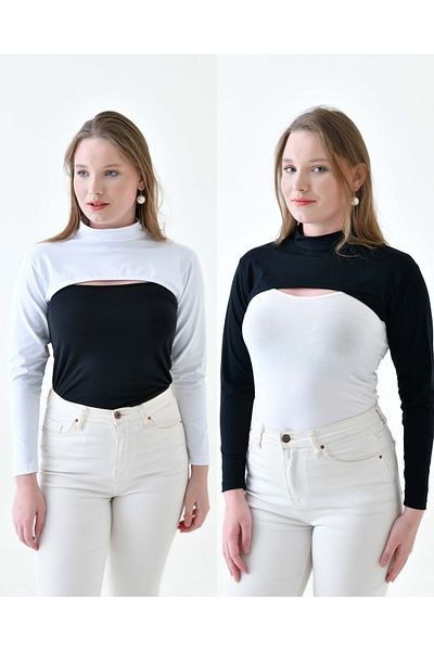 mirach Plus Size Black and White Bodysuit - Set of 2, Long Sleeve Combed Cotton Underwear Sleeve