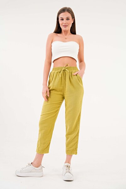 enmodaiçgiyim Oil Green 100% Cotton Narrow Leg Women's Muslin Trousers