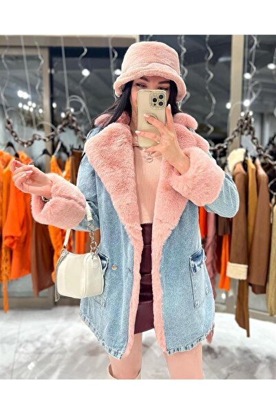 Kısmetin Butiği Women's Coat Fur Denim Jacket, Full Fur Coat, Long Fur Coat