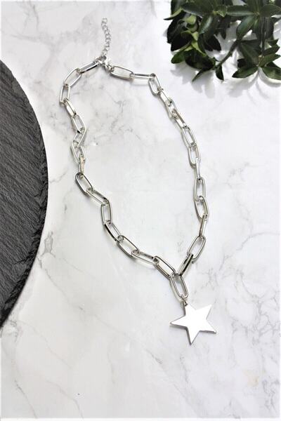 X-Lady Accessories Kalın Ataç Zincir Tek Yıldız Kolye Gümüş Renk