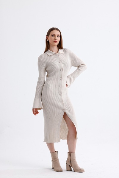 Get Crazy Μπεζ πλεκτό μίντι φόρεμα - γιακάς πόλο και λεπτομέρεια μανίκι με κουμπιά