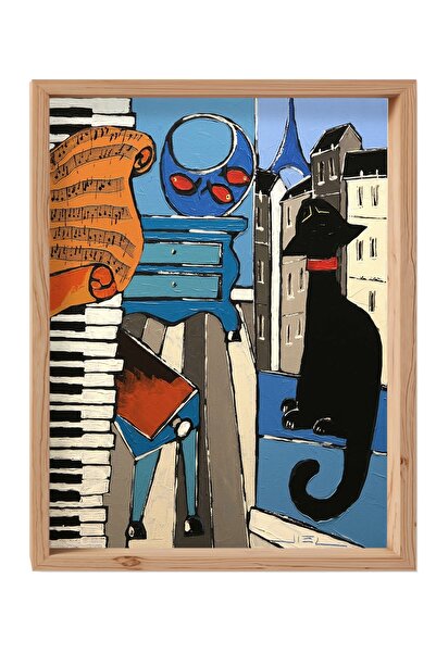 Jeronkarji Eski Piyano, Müzik notası ve siyah kedi, Paris'te Ahşap Tablo Çerç...