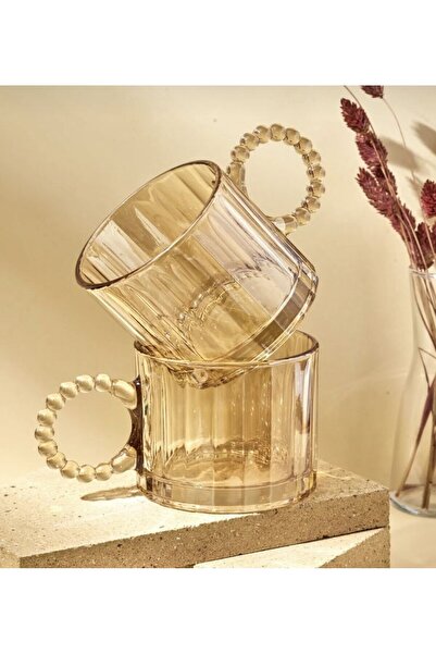 Alice Boncuk Kulplu Gold Renk Cam Kupa Kahve Fincani 2'li Set 250 ml