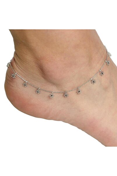 Nusret Takı 925 Ayar Gümüş Siyah Taş Kar Tanesi Halhal, Beyaz