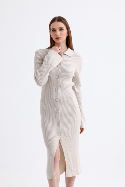 Get Crazy Μπεζ πλεκτό μίντι φόρεμα - γιακάς πόλο και λεπτομέρεια μανίκι με κουμπιά
