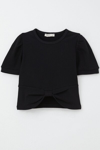 Breeze Tricou Crop pentru fete, decolteu buric, detaliu, 8-14 ani, negru