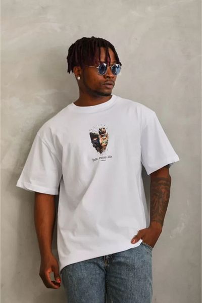 modaserdem Λευκό μπλουζάκι Unisex Oversize με στάμπα με λαιμόκοψη
