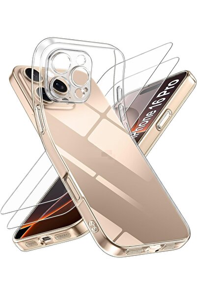 Evax (2 CAM + 1 KILIF) iPhone 16 Pro Uyumlu 1 Şeffaf Silikon Kılıf + 2 Cam Ek...
