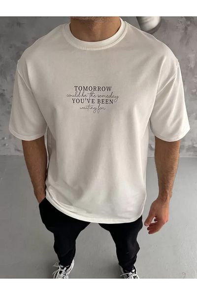 Modayakamoz Λευκό μπλουζάκι Unisex Oversize με στάμπα με λαιμόκοψη