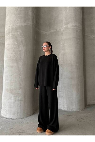 BRTC design Fekete Relax kötöttáru szett - Crew nyakú, elasztikus derékrésszel és széles szárú