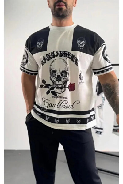 JANES Ανδρικό μπλουζάκι oversized Digital με τύπωμα Skull - Λευκό