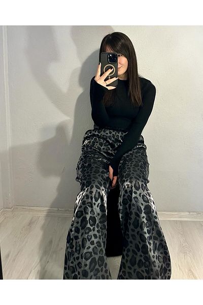 TUĞÇE ÖZER BUTİK Wide Leg Leopard Trousers Elastic Waist