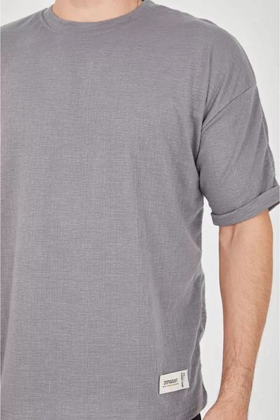 modaserdem Unisex Ζακάρ ύφασμα Άνετο μπλουζάκι με μανίκια - Γκρι