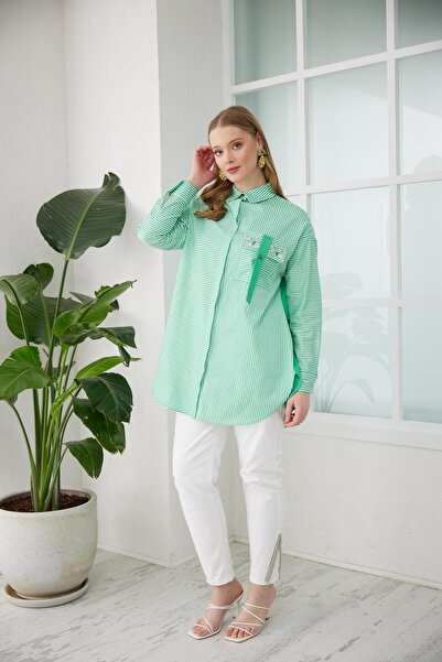 Moodbasic Cebi Pullu Çizgili Gömlek - Yeşil