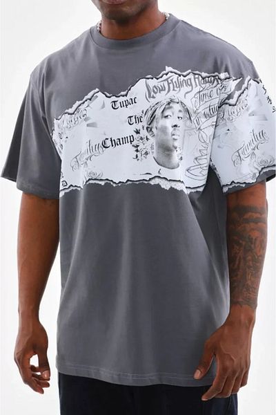 Viyamo Γκρι μπλουζάκι Unisex Oversize Crew Neck με στάμπα
