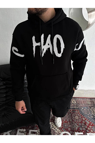 JANES Μαύρο μπλουζάκι με στάμπα με κουκούλα