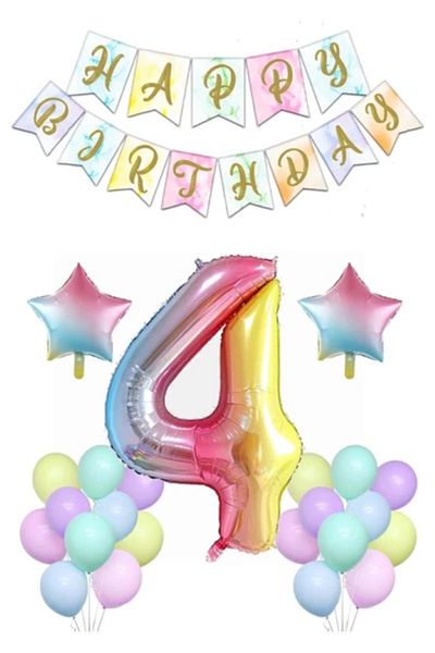 BALON DİYARI Rainbow Concept 4 Year Old Birthday Party Celebration Set Number and Star Foil Banner and Macaron Balloon