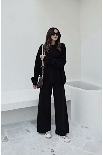 BRTC design Fekete Relax kötöttáru szett - Crew nyakú, elasztikus derékrésszel és széles szárú