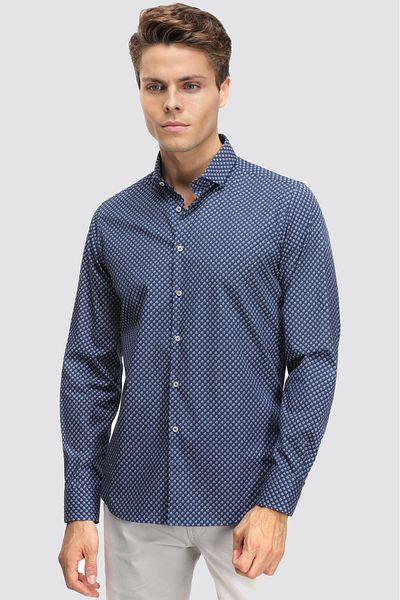 Twn Πουκάμισο Slim Fit Navy Blue με στάμπα 100% βαμβάκι