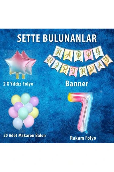 BALON DİYARI Rainbow Concept 7 Year Old Birthday Party Celebration Set Number And Star Foil Banner And Macaron Balloon