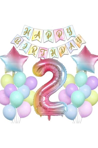 BALON DİYARI Rainbow Concept 2 Year Old Birthday Party Celebration Set Number And Star Foil Banner And Macaron Balloon