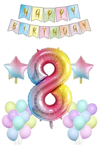 BALON DİYARI Rainbow Concept 8Th Birthday Party Celebration Set Number and Star Foil Banner and Macaron Balloon